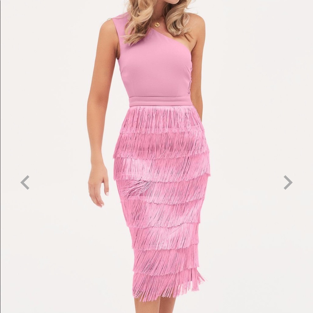 Lavish Alice One Shoulder Fringe Midi Dress